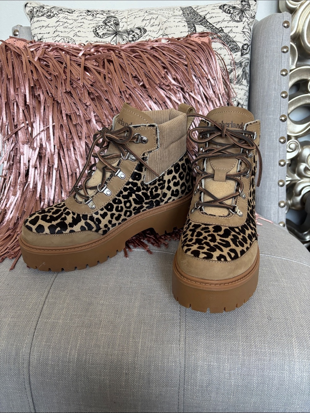 Timberland Leopard-Print Lace-Up Platform Hiker Boots in Brown